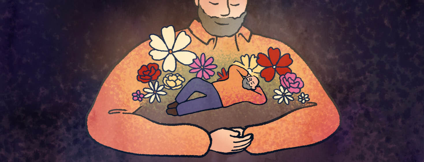 A man's arms create a circle in which his smaller self relaxes among flowers