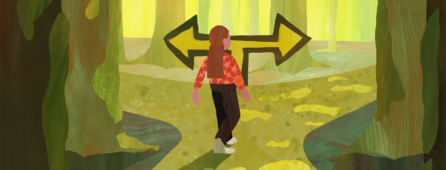 A woman arrives at a fork in a path symbolizing the choices she must make about her treatment