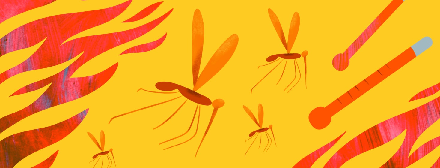 Mosquitos, flames, and a thermometer showing rising heat representing the feeling of hives