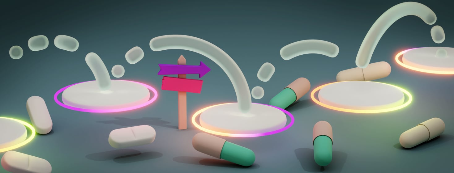 An abstracted path with movement lines jumping from a floating circular platform to a circular platform, each by a light ring. Beneath the floating platforms are a variety of pills and tablets representing the medication journey.