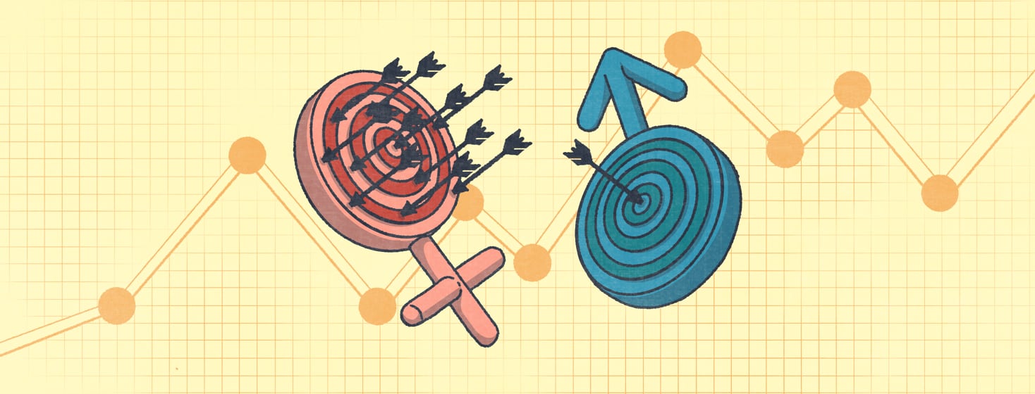 Two gender symbol-shaped targets. The female symbol-shaped target is covered with arrows, while the male-shaped target has a single arrow.