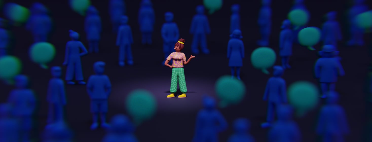 An isolated woman stands in a crowd of people with teal speech bubbles over their head. She is in a waiting and confused pose.
