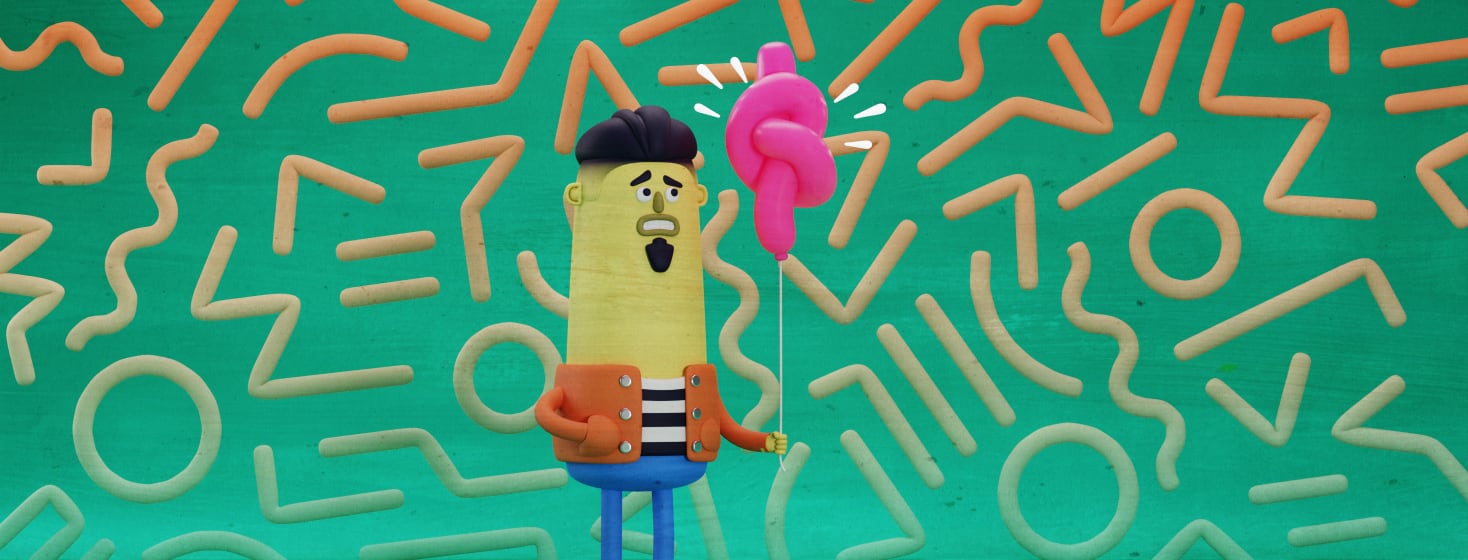 An uneasy or skeptical man holding a knotted-up pink balloon.