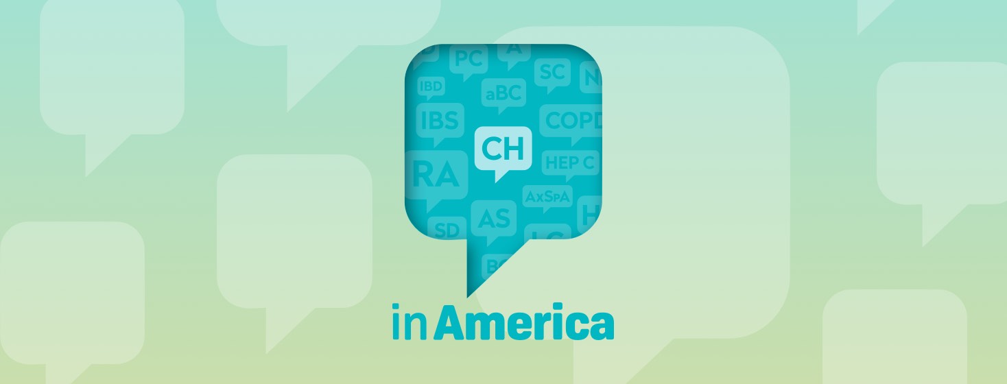 A speech bubble highlighting the CH logo above the words In America, surrounded by a fainter word cloud of logos for other Health Union websites.