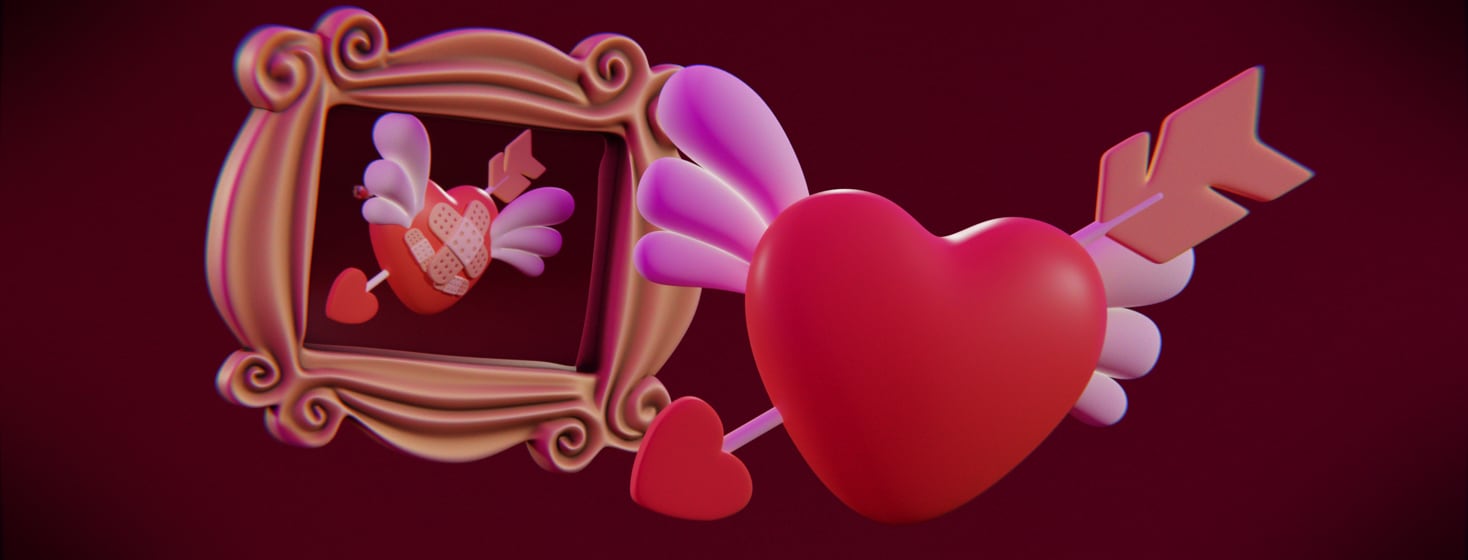 A perfect heart with wings and an arrow through it floats in front of a gold-framed mirror. In the mirror's reflection, you can see that the back side of the heart is covered in band-aids.