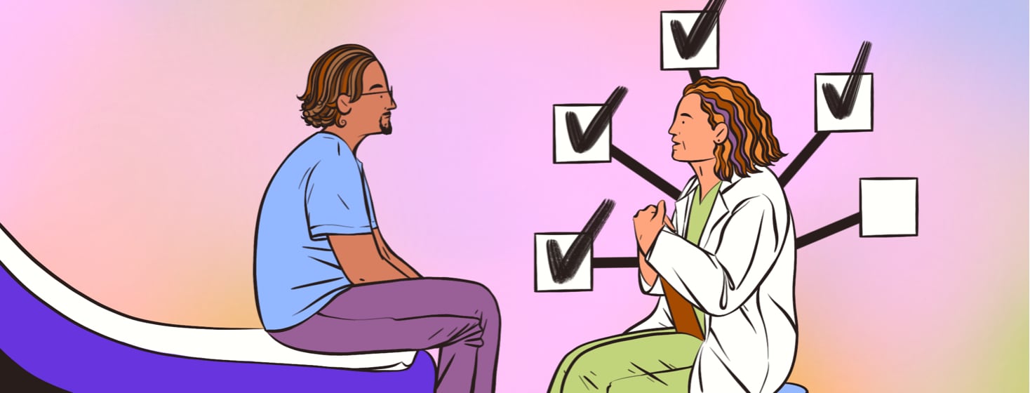A person sitting on an exam table is talking with a doctor about their treatment plan. There are check boxes surrounding the doctor.