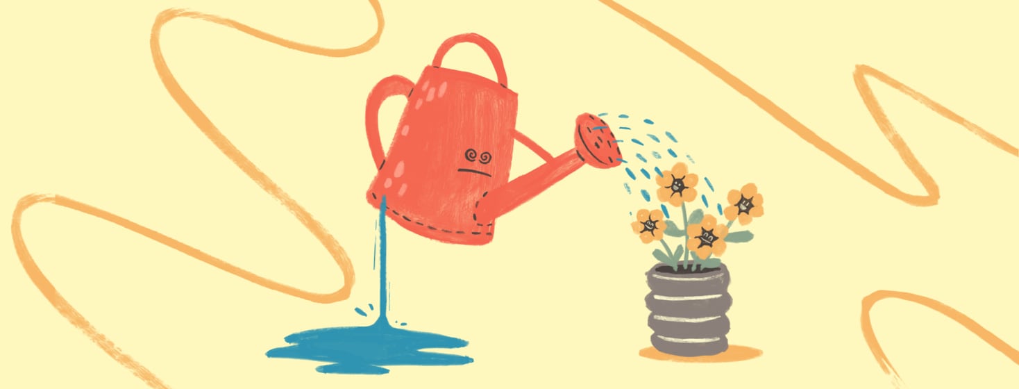 A dizzy eyed watering can with a hole in its base sprinkles water into a pot of cute young smiling flowers.