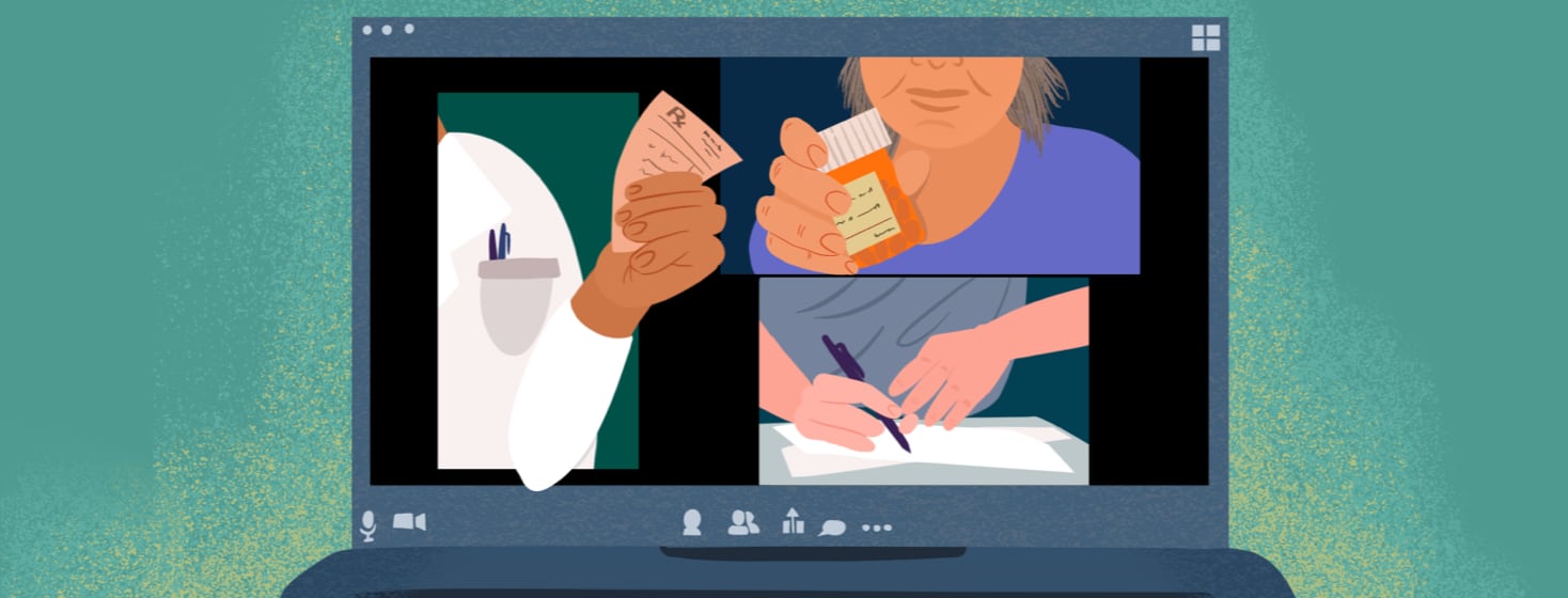 Laptop screen featuring doctor with prescription, patient showing medication bottle and taking notes.