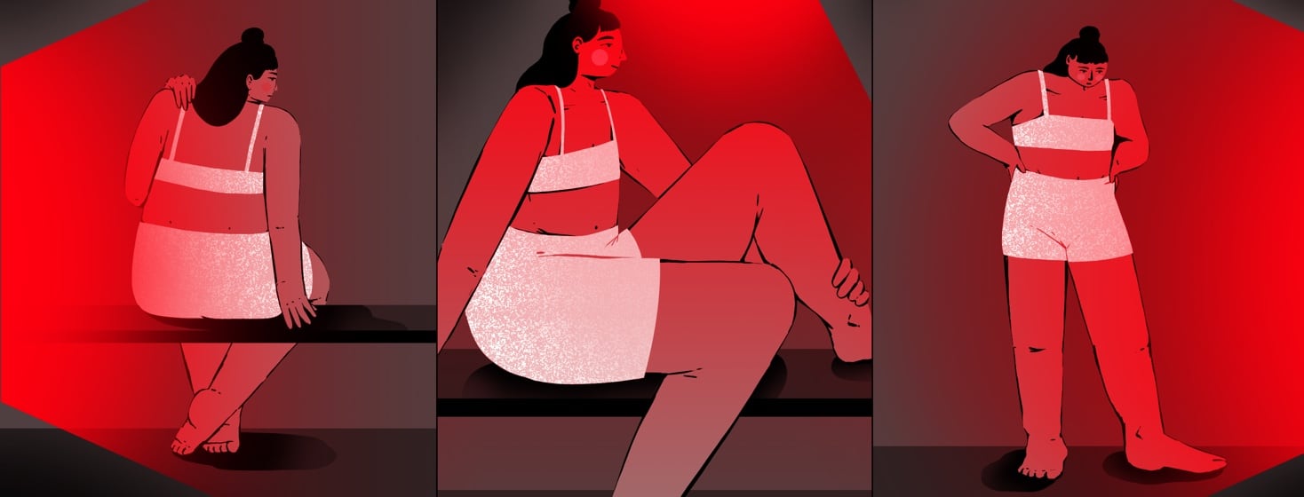A woman is shown in three different positions: sitting, sitting with her knee up, and standing. In each frame, she is illuminated by red light.