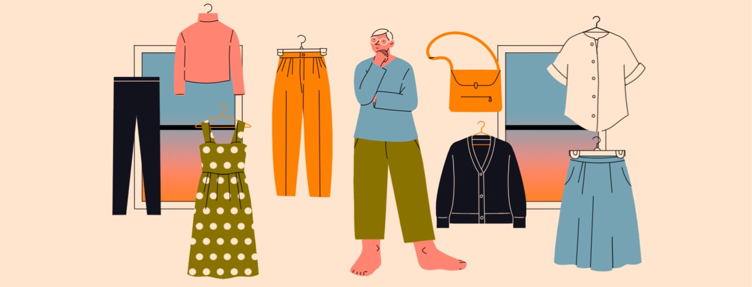 A person contemplates different outfits for different weather and seasons.