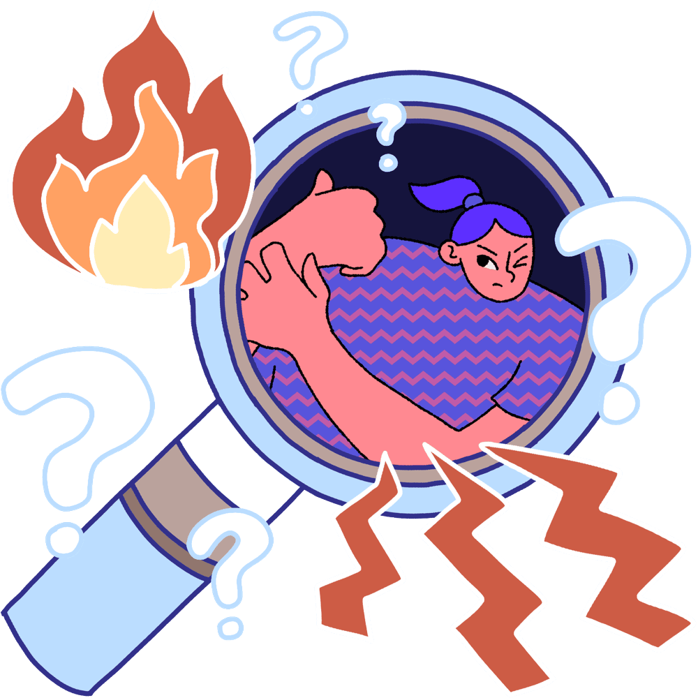 A woman inside a magnifying glass surrounded by flames and question marks.
