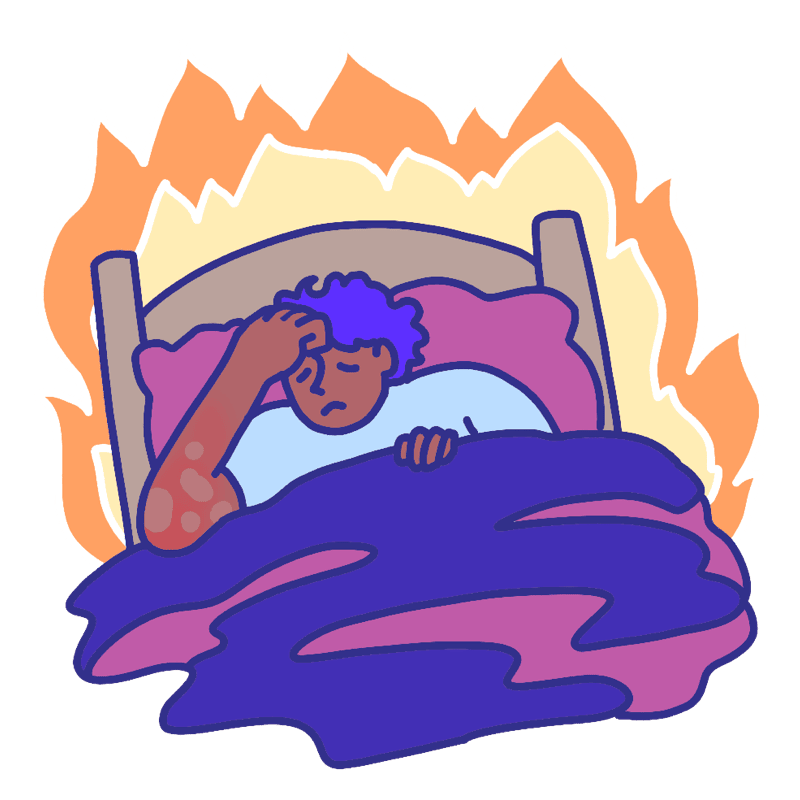 A man lies in bed surrounded by flames.